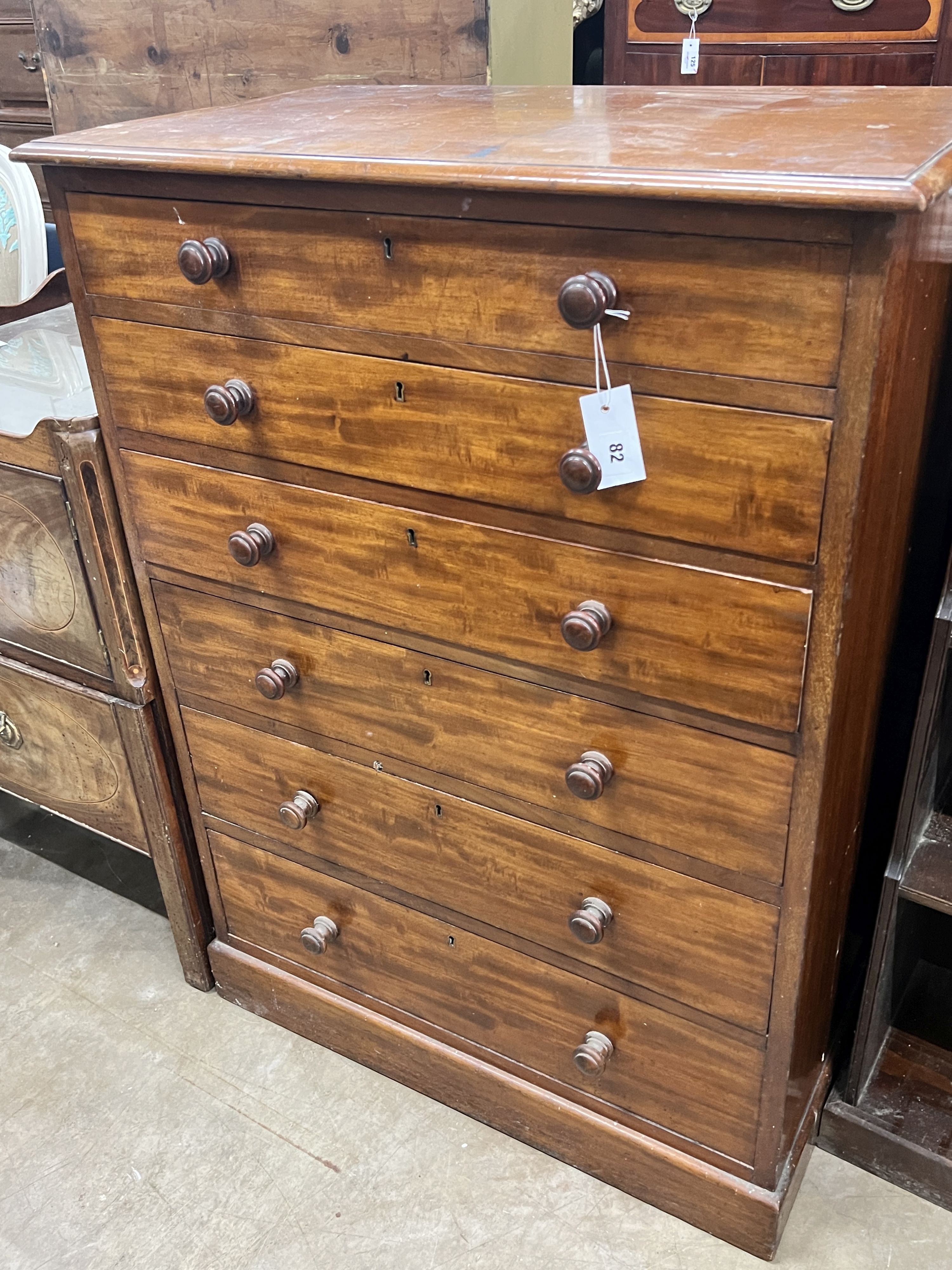 Heal & Son, London, a Victorian mahogany chest of six graduated long drawers, width 76cm, depth 43cm, height 104cm